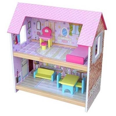 Poppenhuis roze dak klein; inclusief meubels