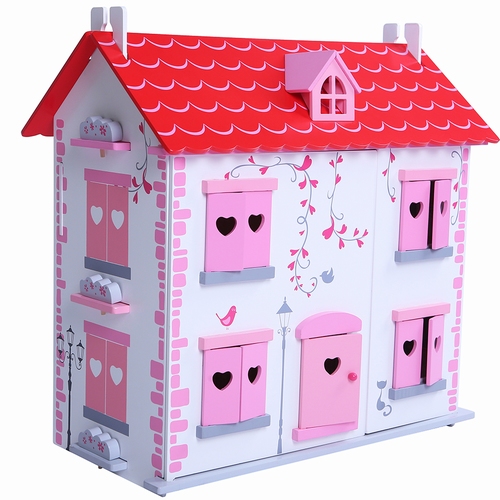 Poppenhuis wit/roze inclusief meubels; Openklapbare voorkant