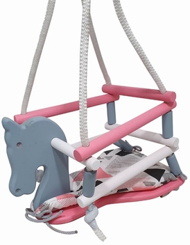 Schommel paard kleur met kussentje; grijs/roze/wit