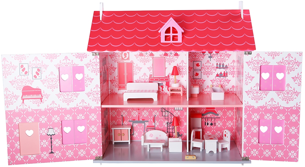 Poppenhuis wit/roze inclusief meubels; Openklapbare voorkant