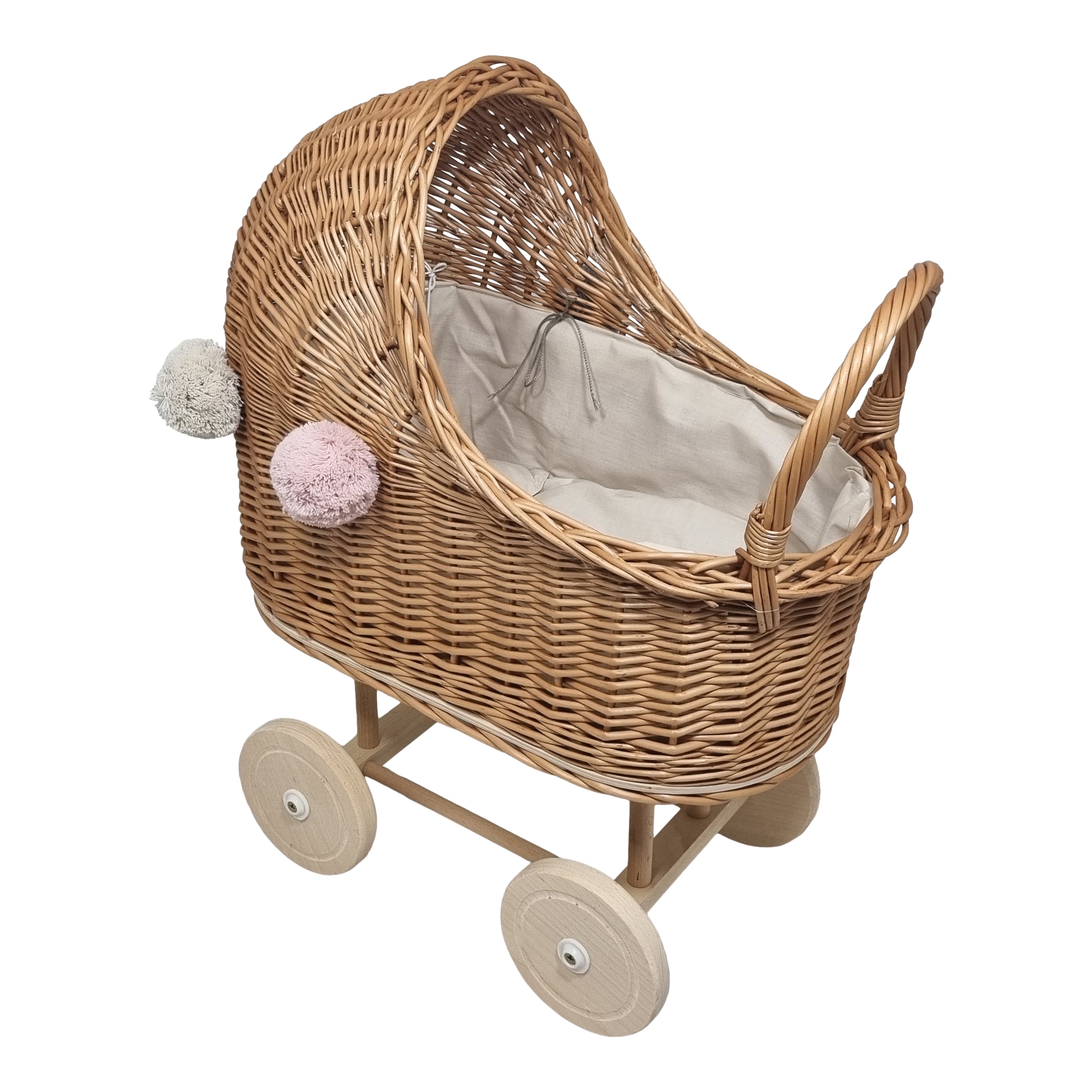 Poppenwagen rieten kap Crème bekleding met 4 pompons