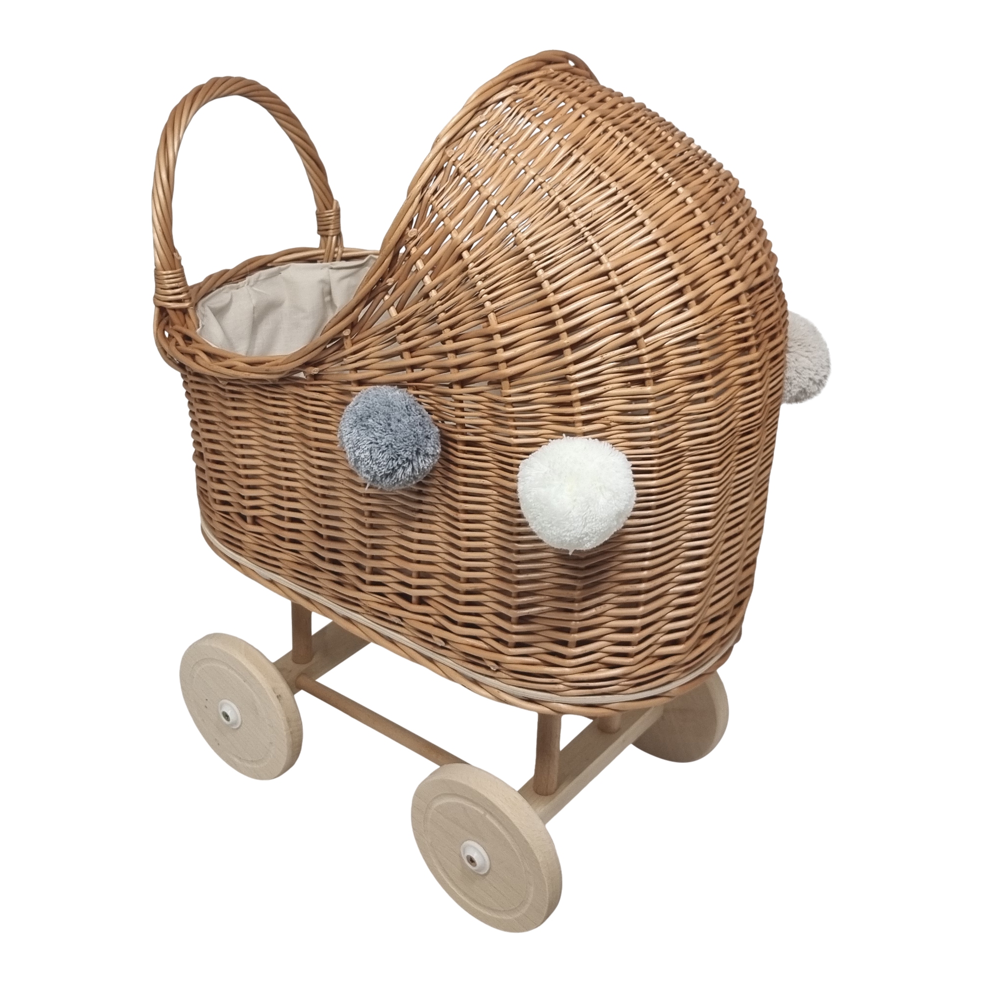 Poppenwagen rieten kap Crème bekleding met 4 pompons